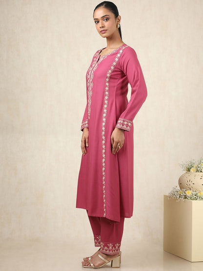 Dhiyona SO Women's Floral Embroidered Notch Neck Thread Work A-Line Kurta With Trousers