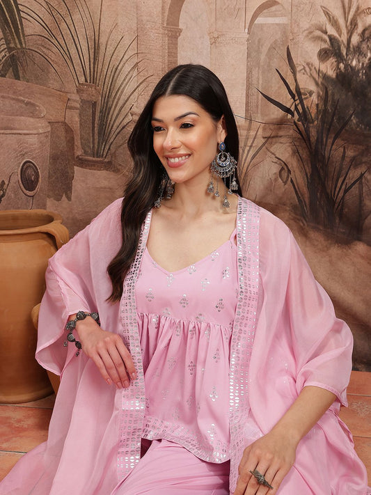 Dhiyona SN Women's Foil Print Top with Palazzos & Shrug