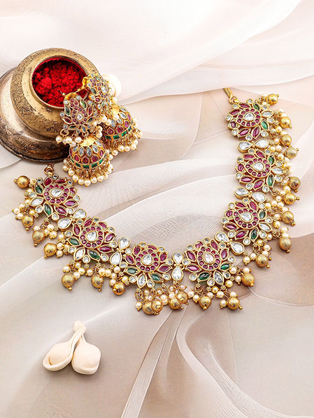 Dhiyona RJ Women's 22K Gold-Plated Ruby Pink, Emerald & White Kundan Studded Pearl Beaded Necklace Set