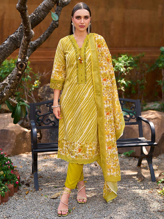 Dhiyona IE Mustard Leheriya Printed Thread Work Pure Cotton Kurta with Trousers & Dupatta