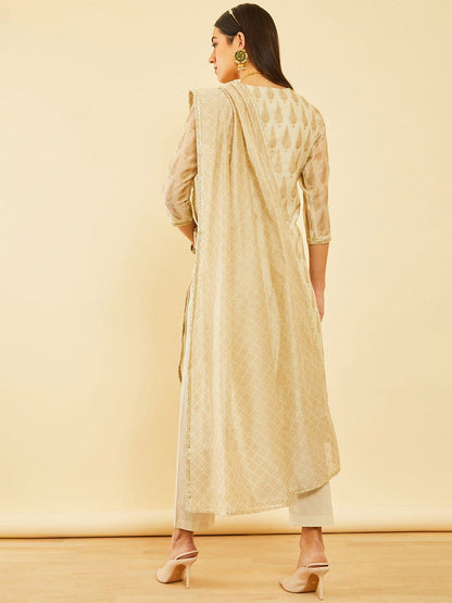 Dhiyona SO Women's Women Floral Printed Chanderi Silk Straight Kurta With Trousers & Dupatta