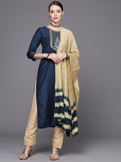 Dhiyona VA Women's Navy Blue Yoke Design Kurta with Trousers & With Dupatta