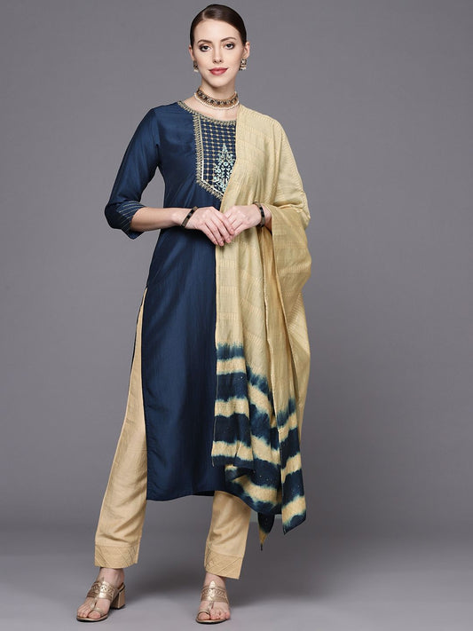 Dhiyona VA Women's Navy Blue Yoke Design Kurta with Trousers & With Dupatta