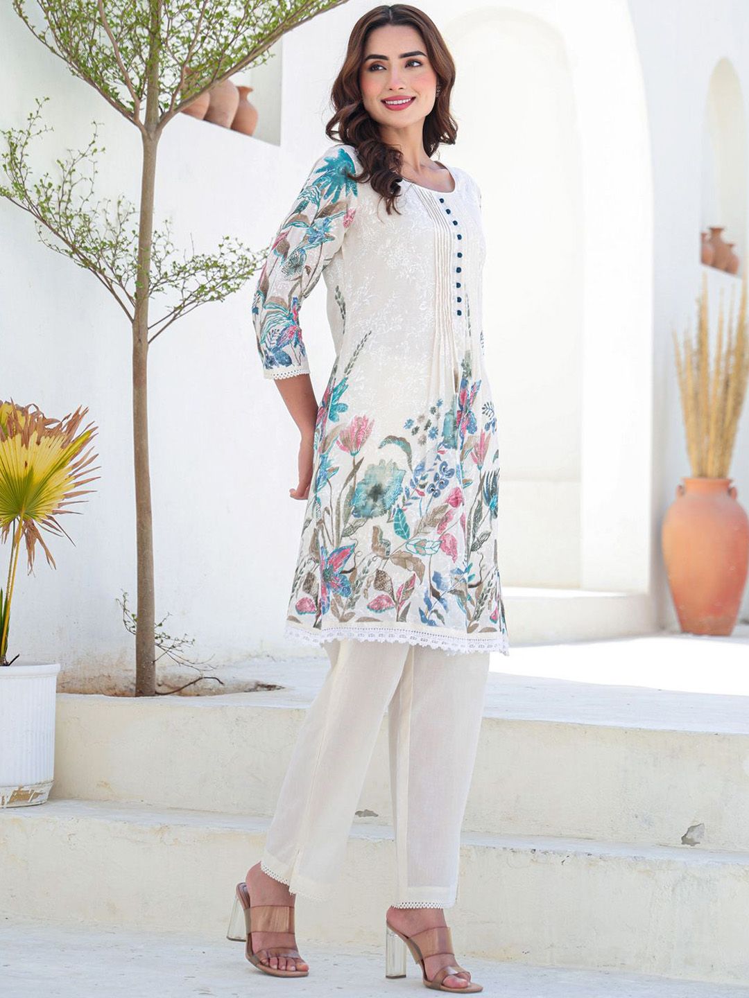 Floral Printed A-Line Pure Cotton Kurta With Trousers