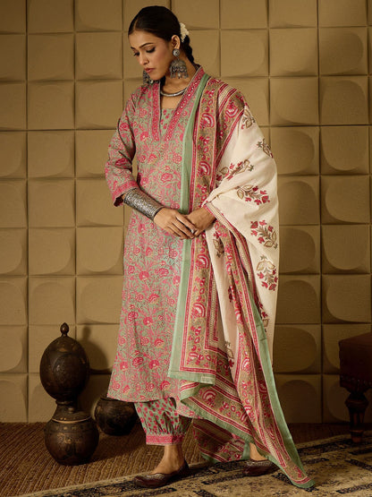 Dhiyona IE Floral Printed Pure Cotton Kurta Straight Kurta With Salwar And Dupatta