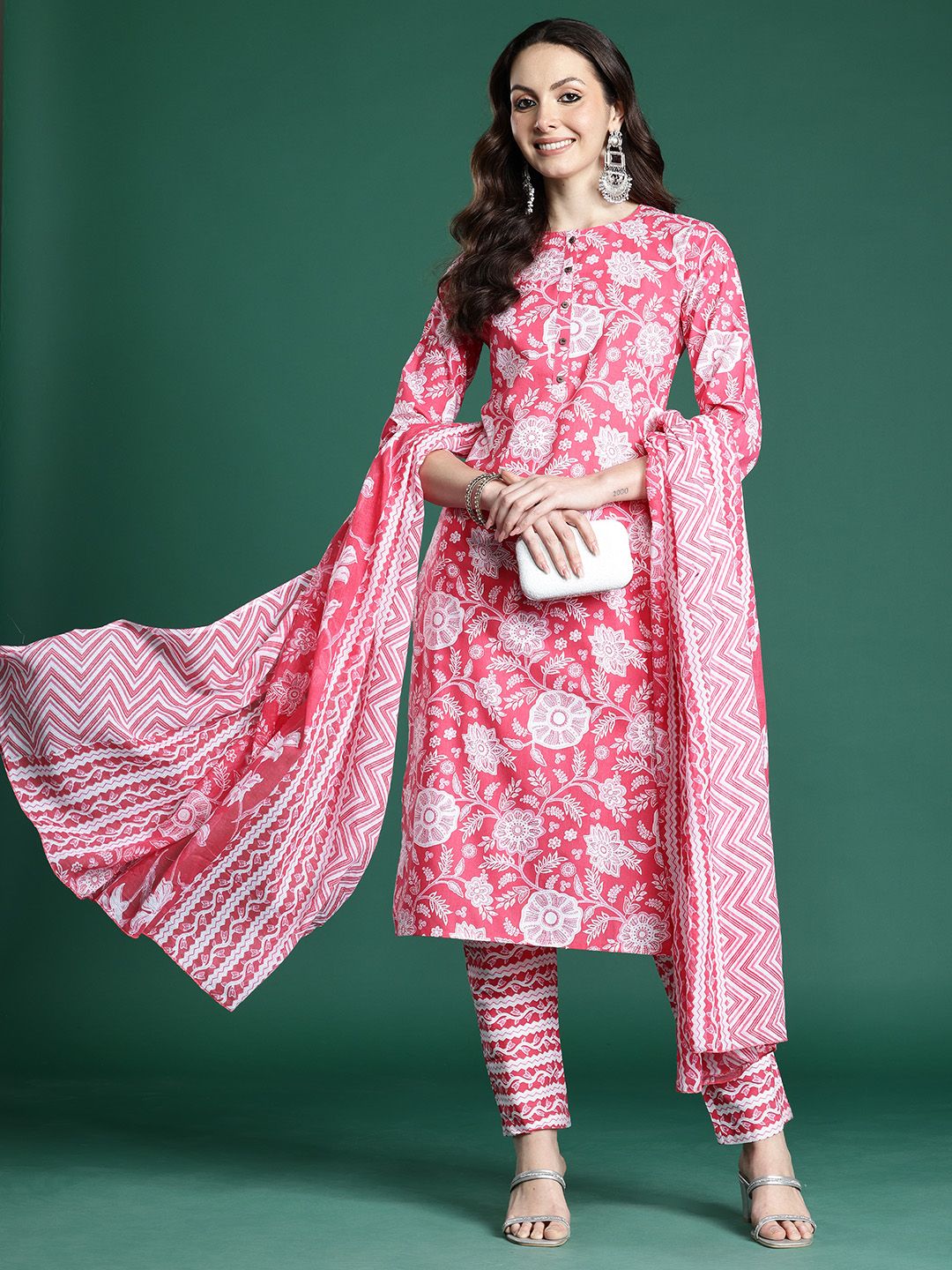 Floral Printed Pure Cotton Kurta with Trousers & Dupatta