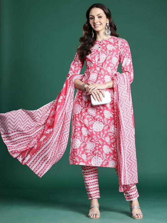 Floral Printed Pure Cotton Kurta with Trousers & Dupatta