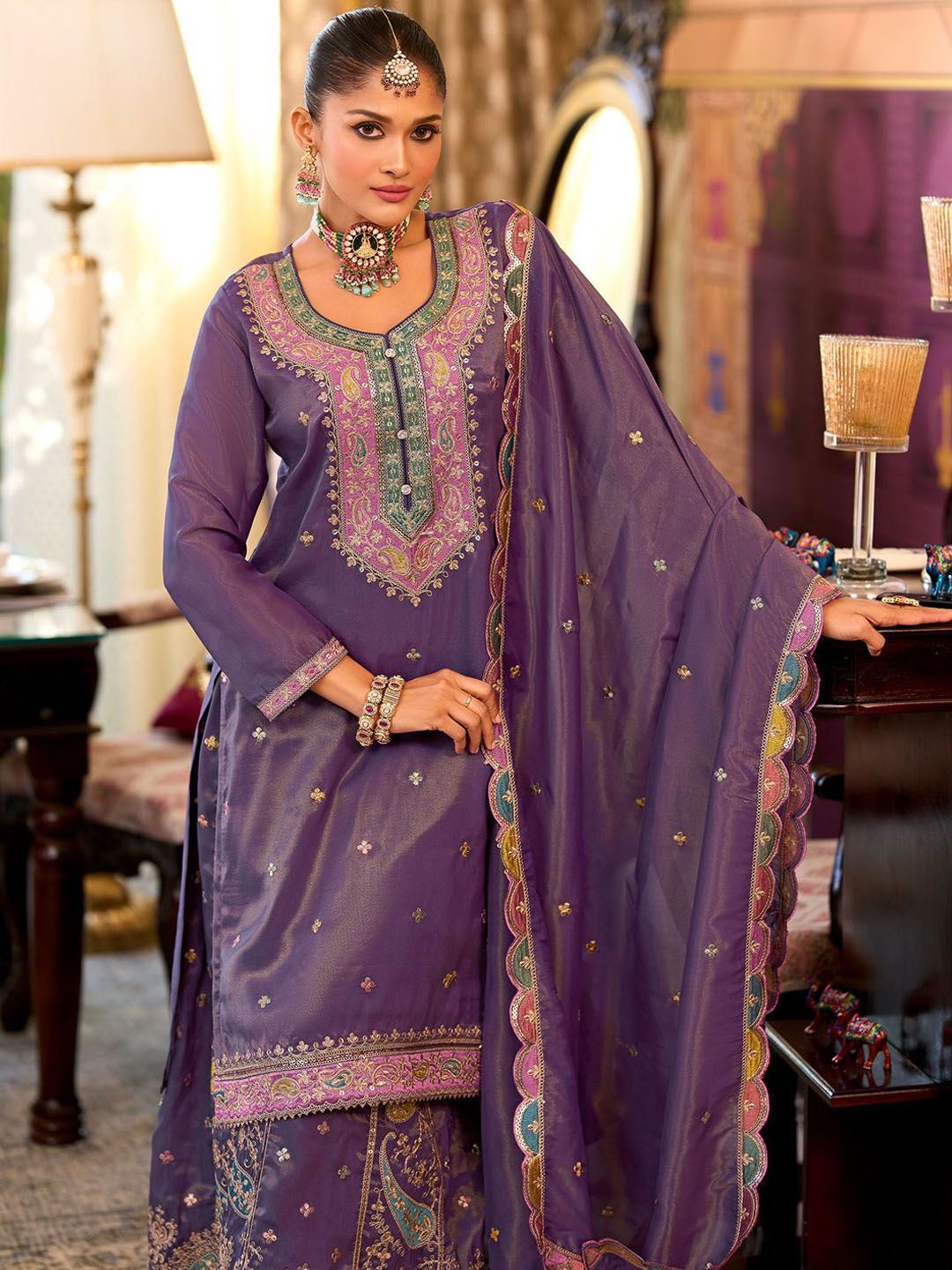 Floral Embroidered Sequinned Straight Kurta With Palazzos & Dupatta