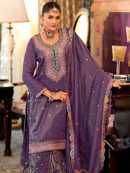 Floral Embroidered Sequinned Straight Kurta With Palazzos & Dupatta