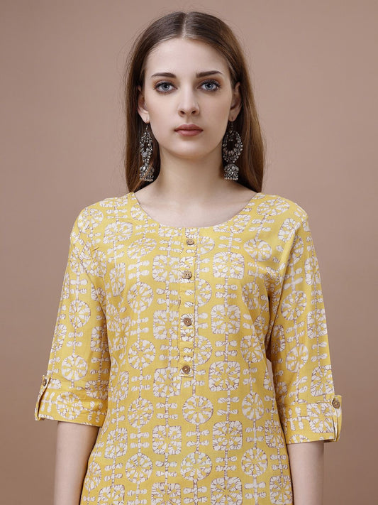 Dhiyona OD  Yellow Floral Printed Round Neck Straight Kurta