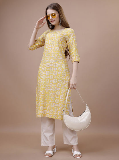 Dhiyona OD  Yellow Floral Printed Round Neck Straight Kurta