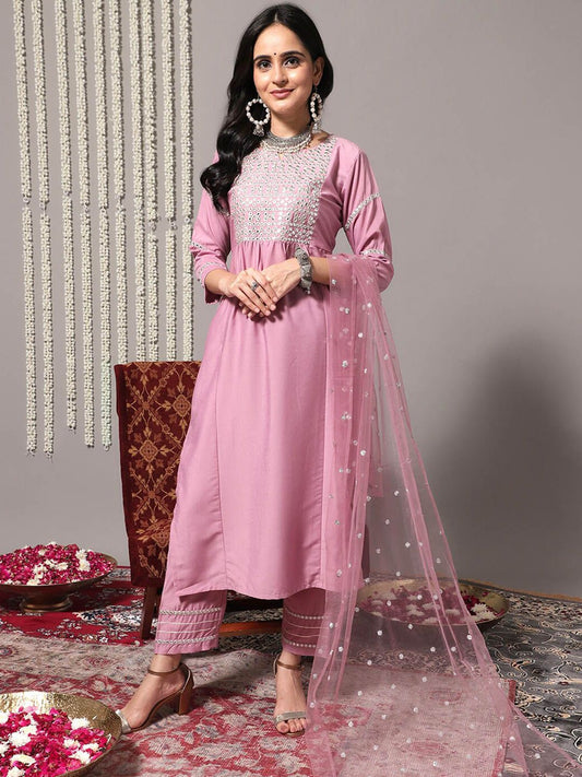 Dhiyona VA Women'sEthnic Motifs Yoke Design Mirror Work Straight Kurta With Trousers & Dupatta