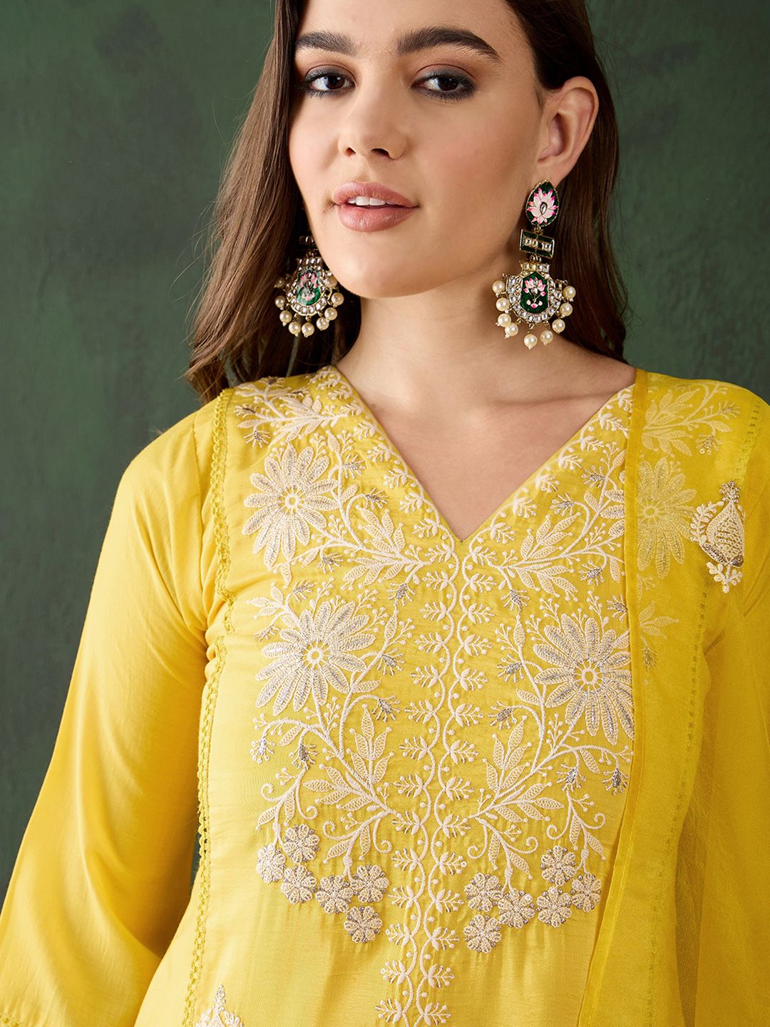 Dhiyona SN Women's Yellow Floral Embroidered Sequined Straight Kurta With Trousers & Dupatta