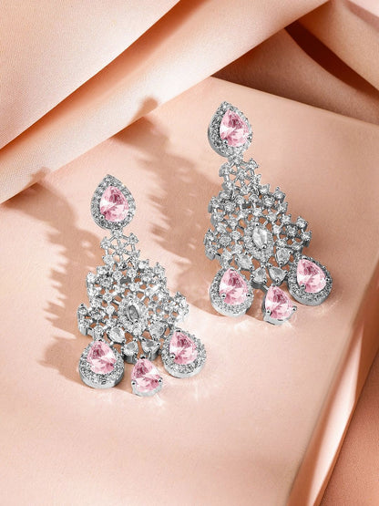 Dhiyona RJ Women's Rhodium-Plated Pink AD & Cubic Zirconia Studded Statement Necklace Set