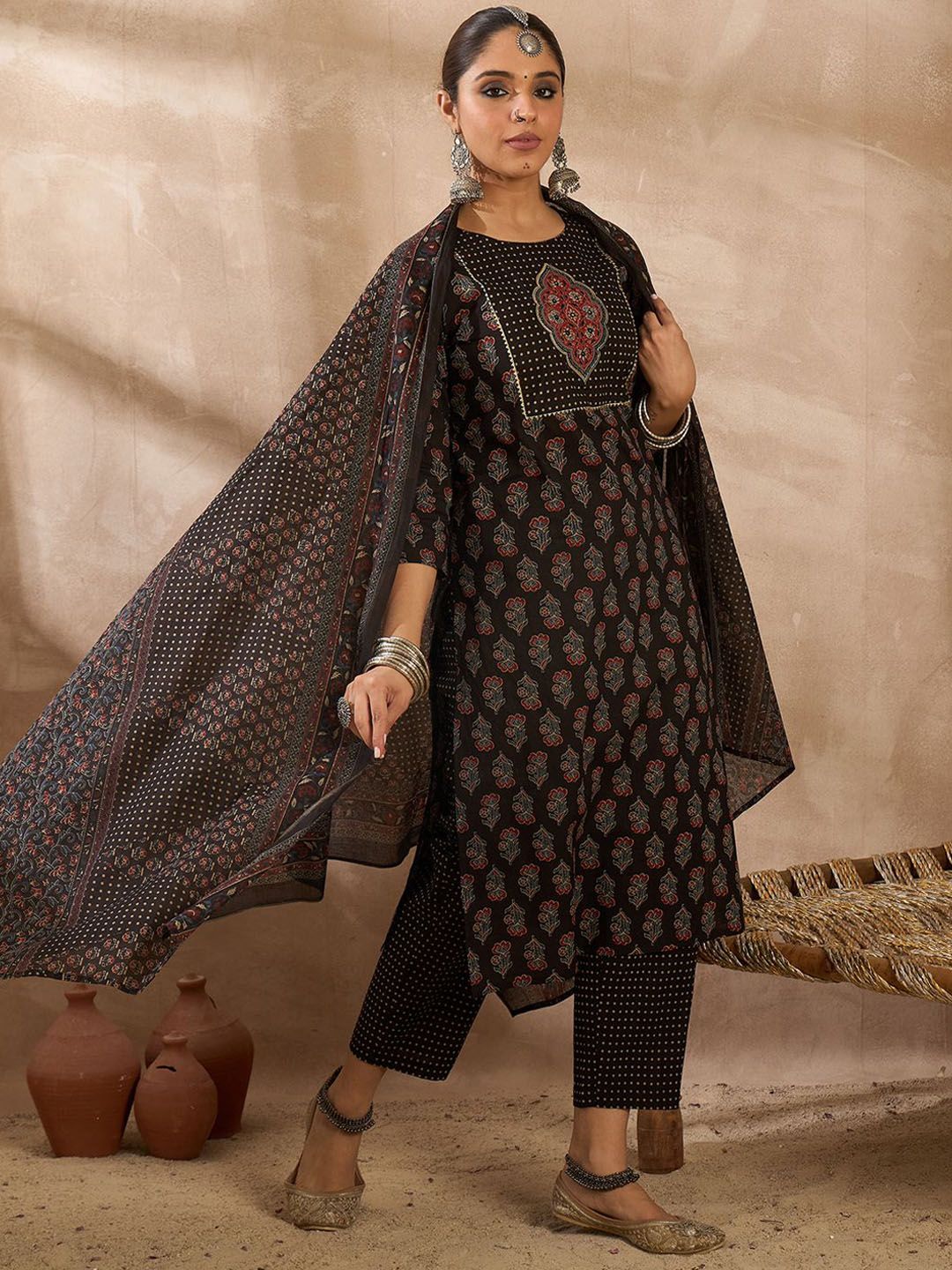 Women Ethnic Motifs Printed Regular Thread Work Pure Cotton Kurta with Trousers & With Dupatta