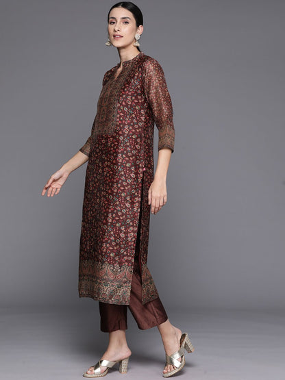 Dhiyona VA Women's Floral Printed Regular Chanderi Silk Kurta with Trousers & With Dupatta