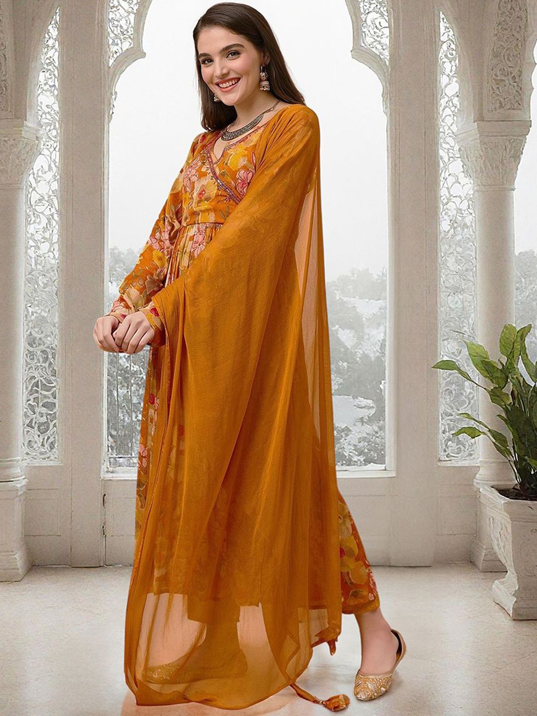 Dhiyona IS Women's Floral Printed Sequinned Angrakha Straight Kurta with Trousers & Dupatta