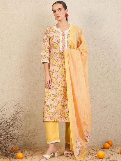 Dhiyona IE Floral Printed Thread Work Pure Cotton Straight Kurta With Trousers & Dupatta