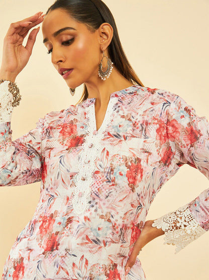 Dhiyona SO Women's Floral Printed Mandarin Collar Three-Quarter Sleeves Kurta with Trousers