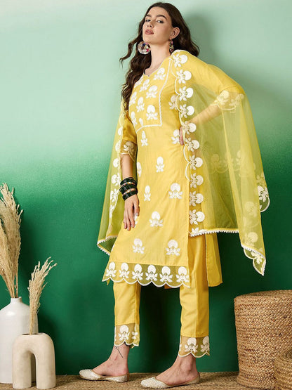 Dhiyona SN Women's Embroidered Straight Kurta With Trouser & Dupatta