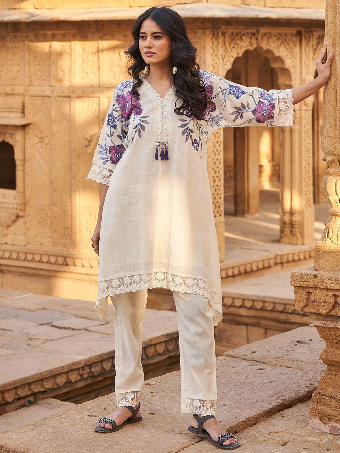 Floral Printed Beads And Stones V-Neck A-Line Pure Cotton Kurta With Trousers