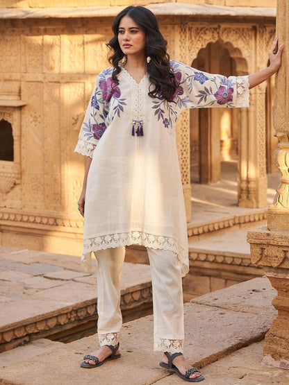 Floral Printed Beads And Stones V-Neck A-Line Pure Cotton Kurta With Trousers