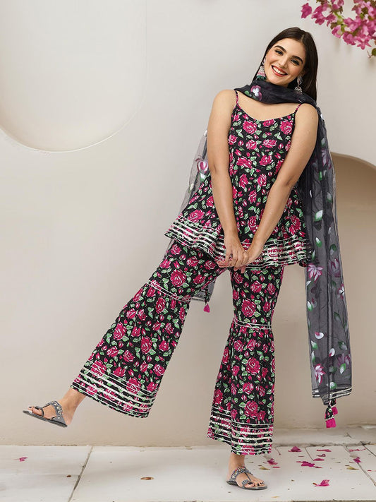 Dhiyona IS Women's Floral Printed Gotta Patti Pure Cotton Kurti with Sharara & Dupatta