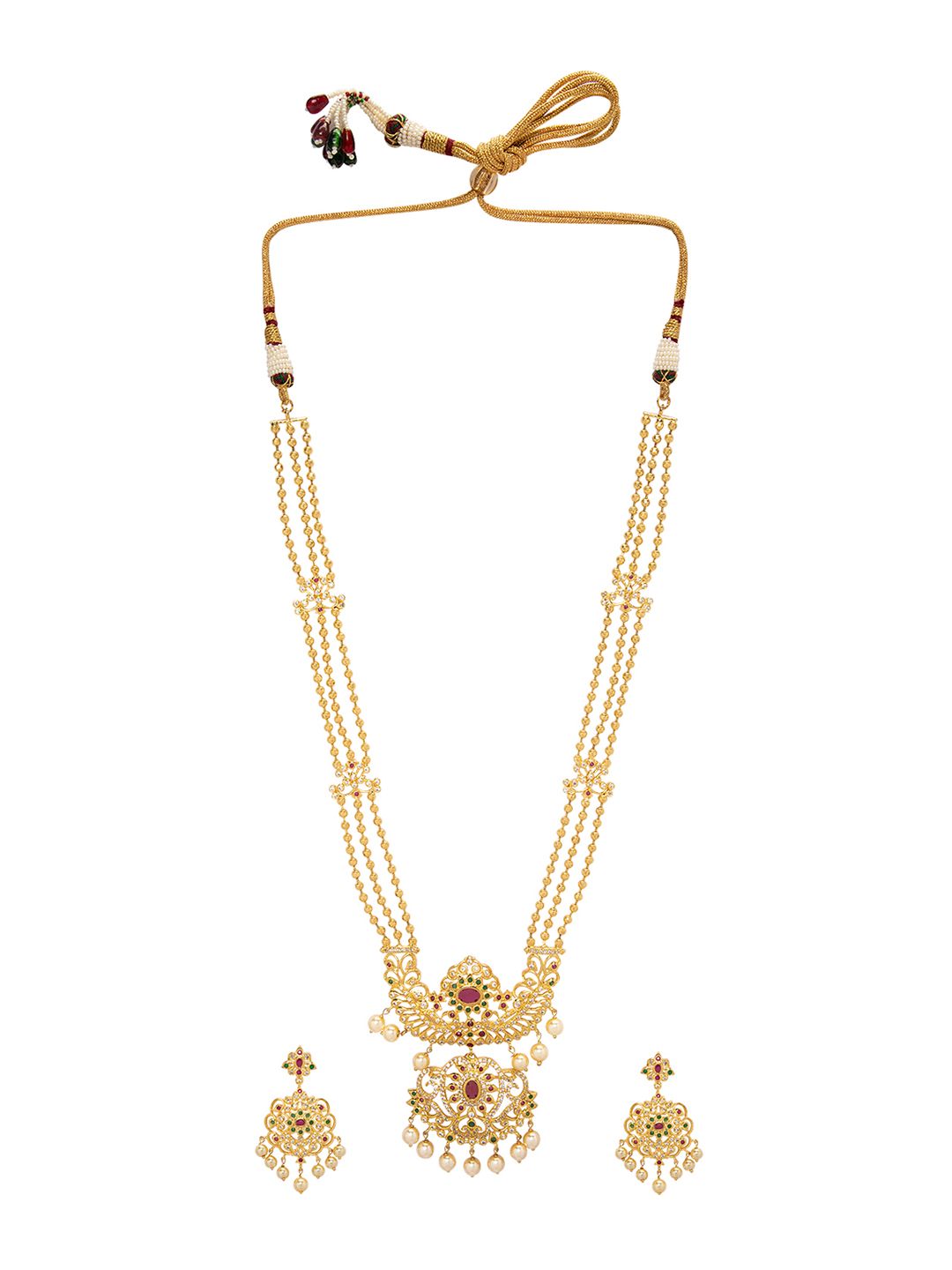 Dhiyona RJ Women's 22K Gold-Plated Ruby & CZ Studded Multistand Jewellery Set with Pearl Accents
