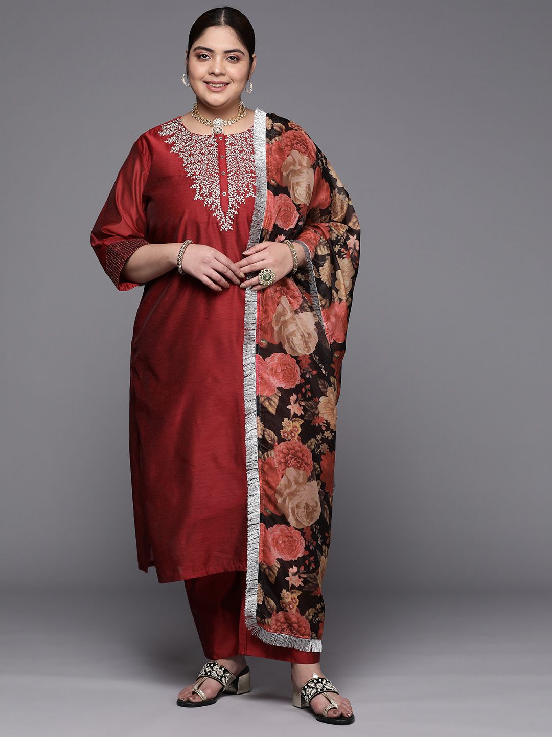 Dhiyona VA Women'sPlus Size Embroidered Chanderi Silk Kurta with Trousers & With Dupatta