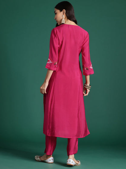 Floral Embroidered Thread Work Pure Cotton Kurta with Trousers