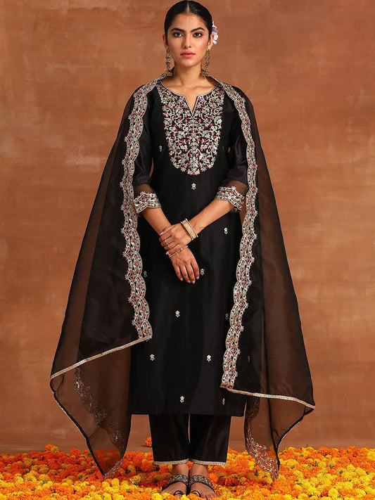 Dhiyona IE Floral Embroidered Thread Work Liva Kurta with Trousers & Dupatta