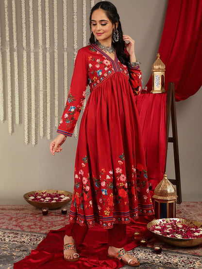 Dhiyona VA Women'sFloral Printed V-Neck Empire A-Line Kurta & Trousers With Dupatta