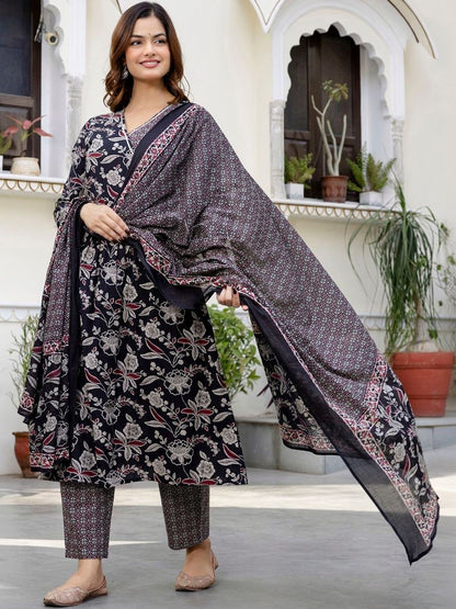 Women Floral Printed Angrakha Pure Cotton Kurta with Trousers & With Dupatta