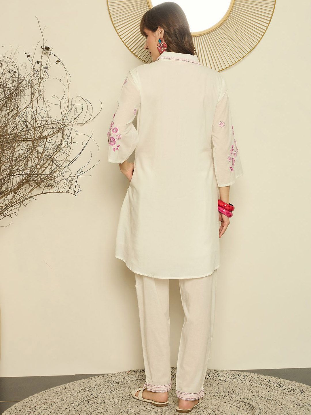 Dhiyona IE Women Embroidered Shirt Collar Cotton Top and Trousers Co-Ords