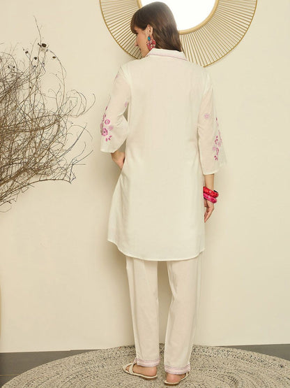 Dhiyona IE Women Embroidered Shirt Collar Cotton Top and Trousers Co-Ords