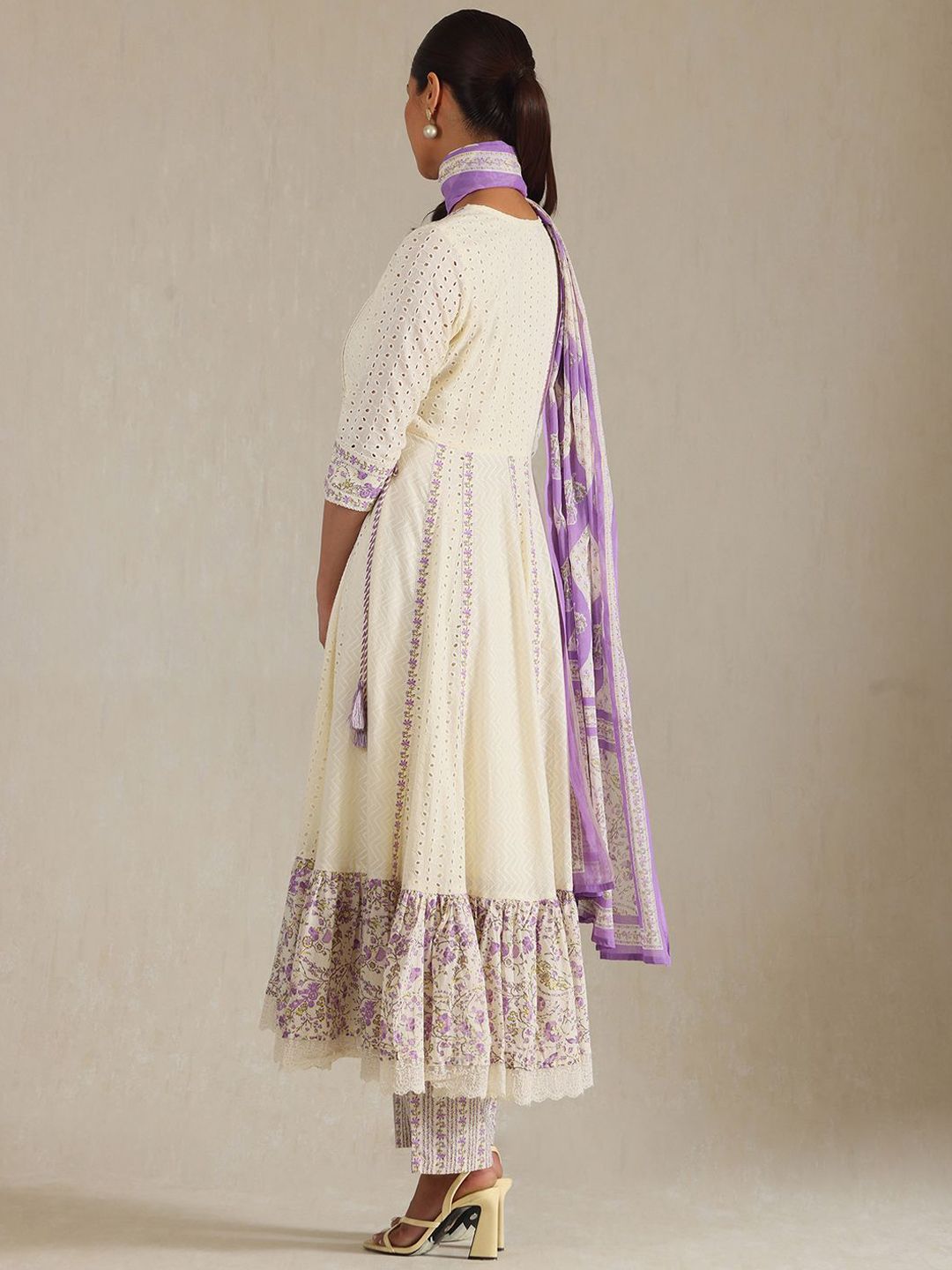 Dhiyona SO Women's Floral Yoke Design Panelled Thread Work A-Line Kurta With Trousers & Dupatta
