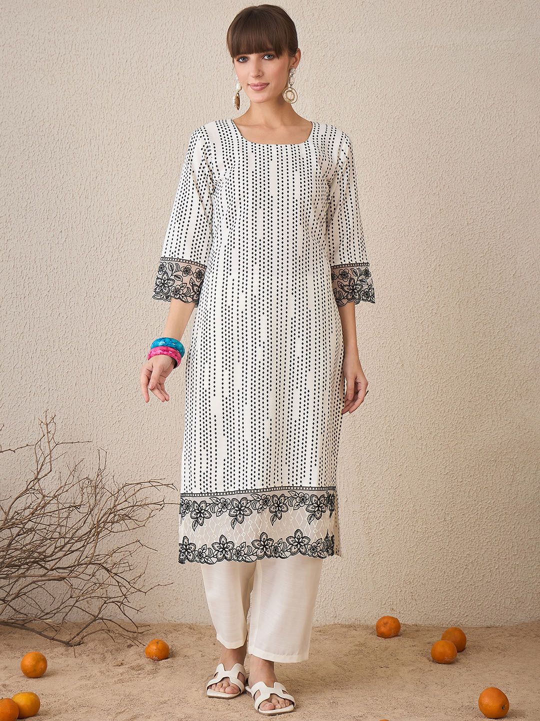 Geometric Printed Pure Cotton Straight Kurta With Trousers & Dupatta