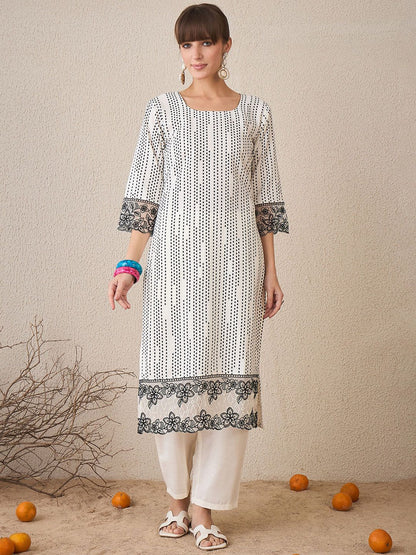 Geometric Printed Pure Cotton Straight Kurta With Trousers & Dupatta
