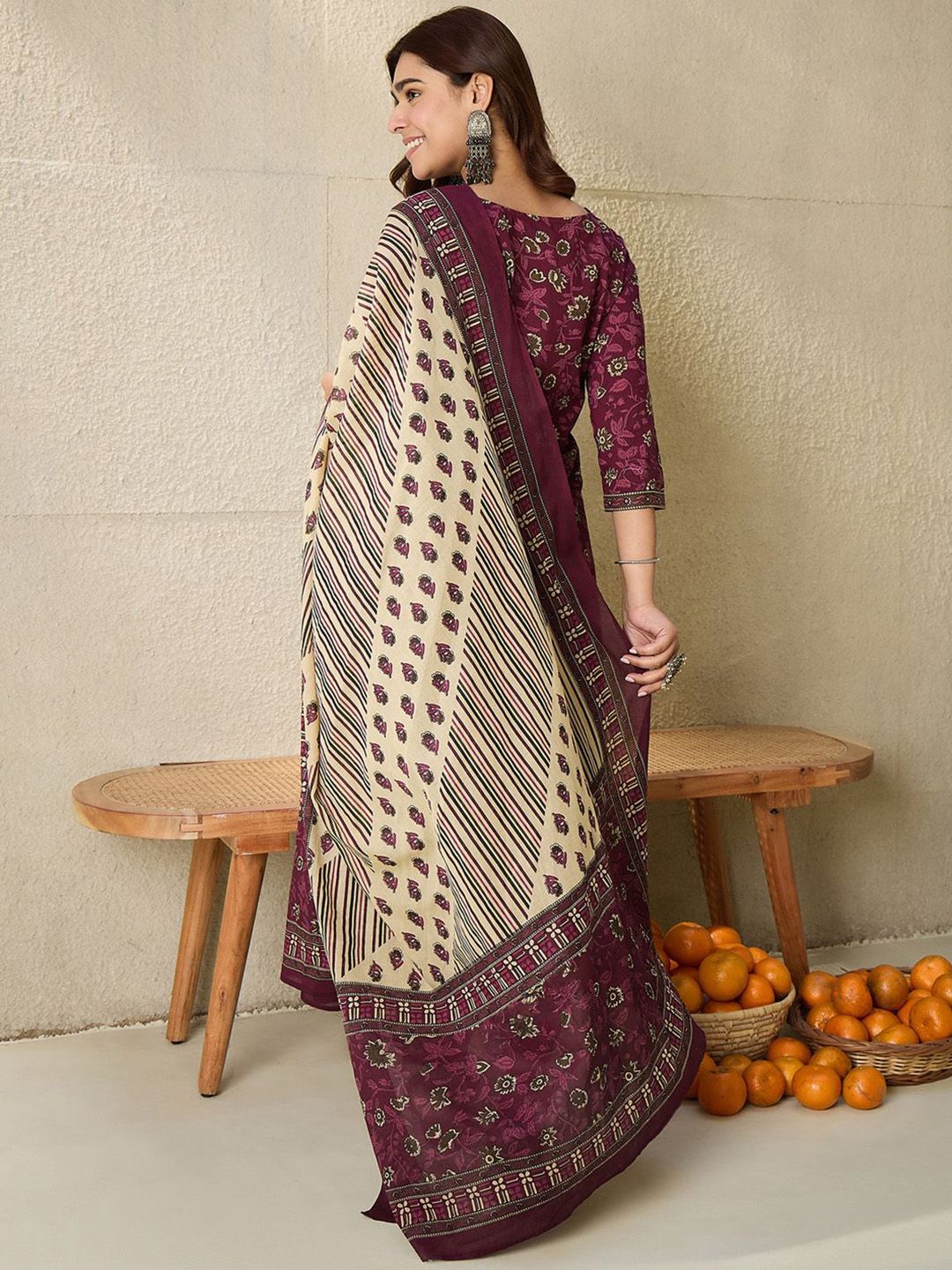 Floral Printed V Neck Pure Cotton Kurta With Salwar & Dupatta