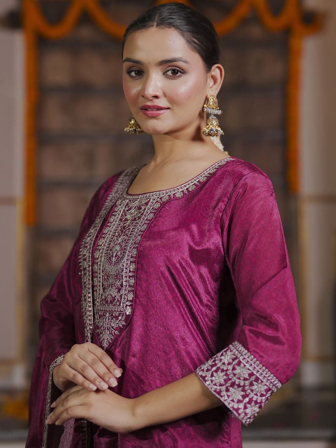 Women Embroidered Regular Sequinned Kurta with Trousers & With Dupatta