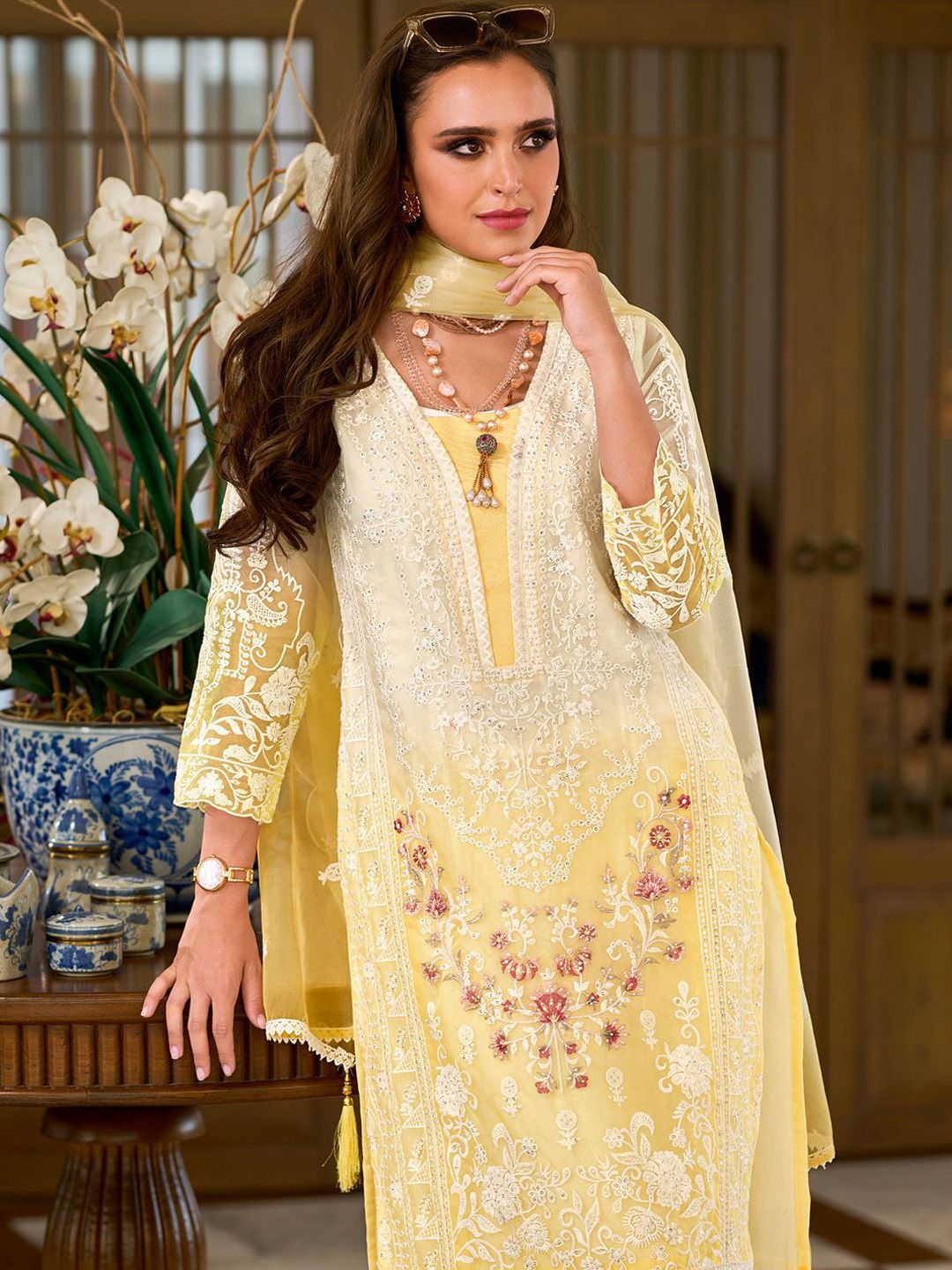 Floral Embroidered Sequinned Straight Organza Kurta With Trousers And Dupatta