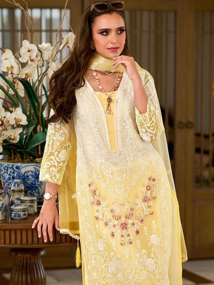 Floral Embroidered Sequinned Straight Organza Kurta With Trousers And Dupatta