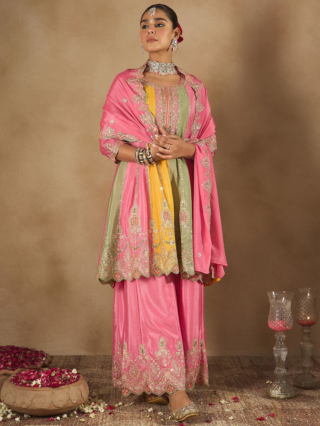 Dhiyona IE Women Ethnic Motifs Embroidered Panelled Sequinned Kurta with Palazzos & Dupatta