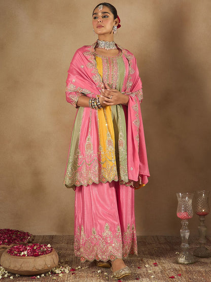 Dhiyona IE Women Ethnic Motifs Embroidered Panelled Sequinned Kurta with Palazzos & Dupatta