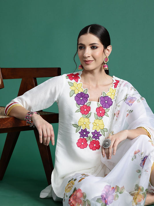 Dhiyona IE Women Floral Embroidered Regular Patchwork Kurta with Trousers & With Dupatta