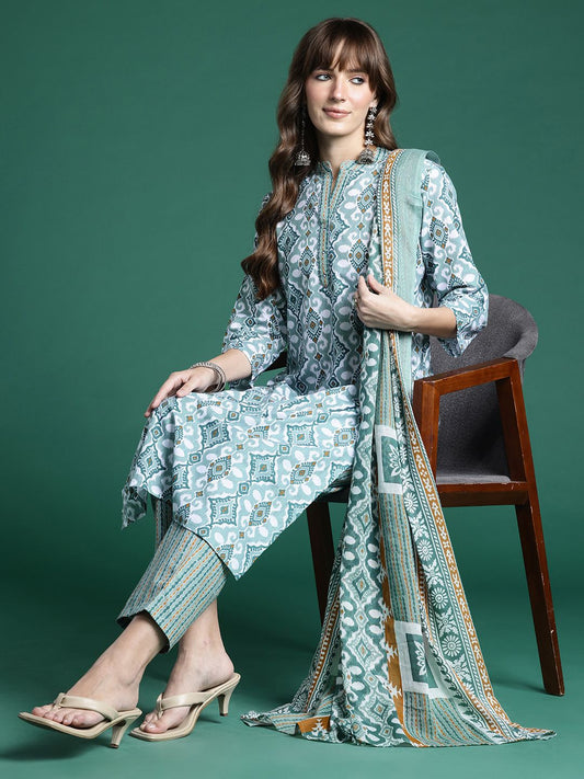 Dhiyona IE Geometric Printed Regular Pure Cotton Kurta with Trousers & Dupatta