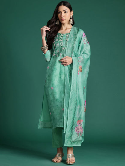 Dhiyona IE Floral Printed Thread Work Chanderi Silk Kurta with Trousers & Dupatta