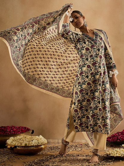 Dhiyona IE Floral Printed V-Neck Pure Cotton Straight Kurta With Trousers & Dupatta