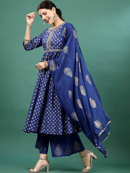 Dhiyona SN Women's Blue Floral Embroidered Pure Cotton A-Line Kurta & Trousers With Dupatta