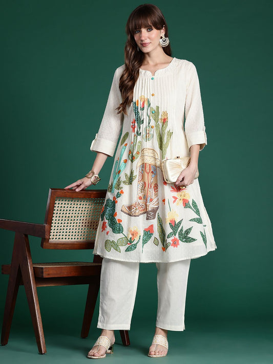 Dhiyona IE Floral Printed Regular Pure Cotton Kurta with Trousers